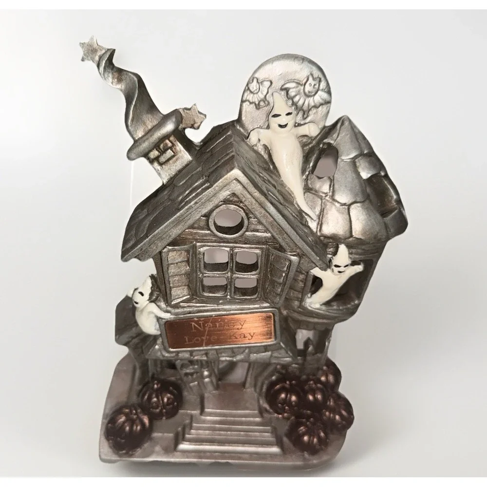 Silver Cast Metal Haunted House Tea Light Holder Halloween Ghost Pumpkin Decor